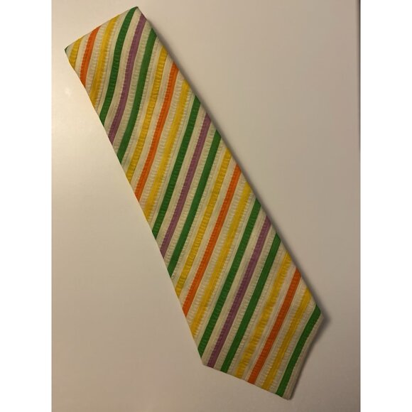VTG Unbranded RN 13407 Green Orange White Multi Striped Seersucker Tie 51” Long - Picture 8 of 8
